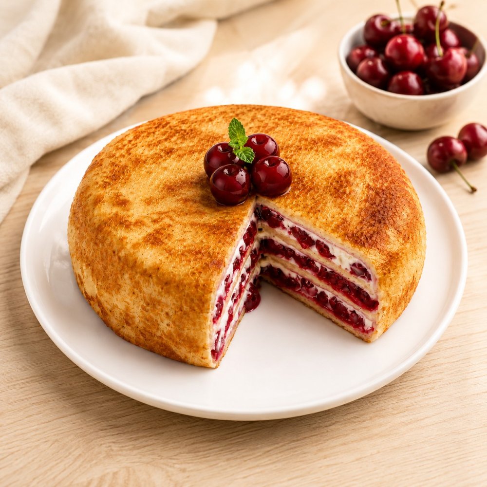 Блинный торт с вишней и кремом