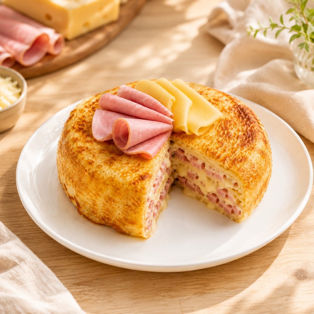 Блинный торт с ветчиной и сыром