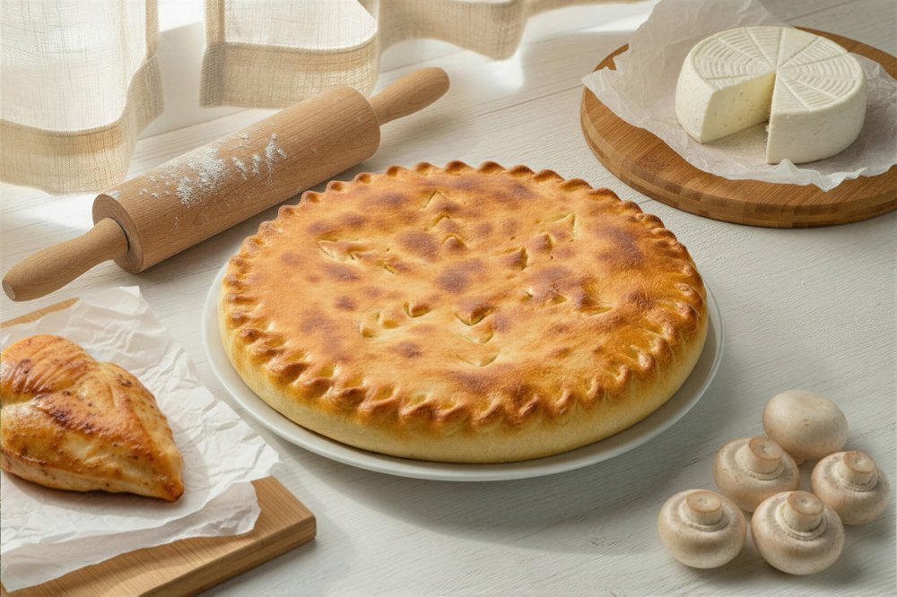 Осетинский пирог с курицей, грибами и сыром 
