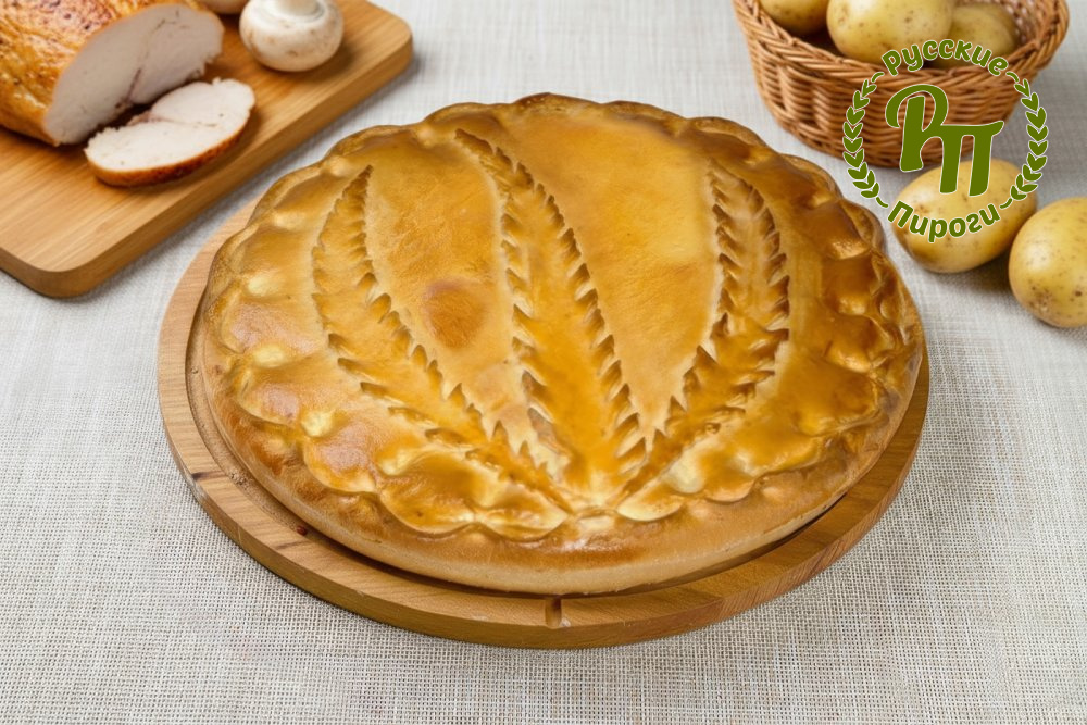 Сдобный пирог с индейкой, картофелем и грибами