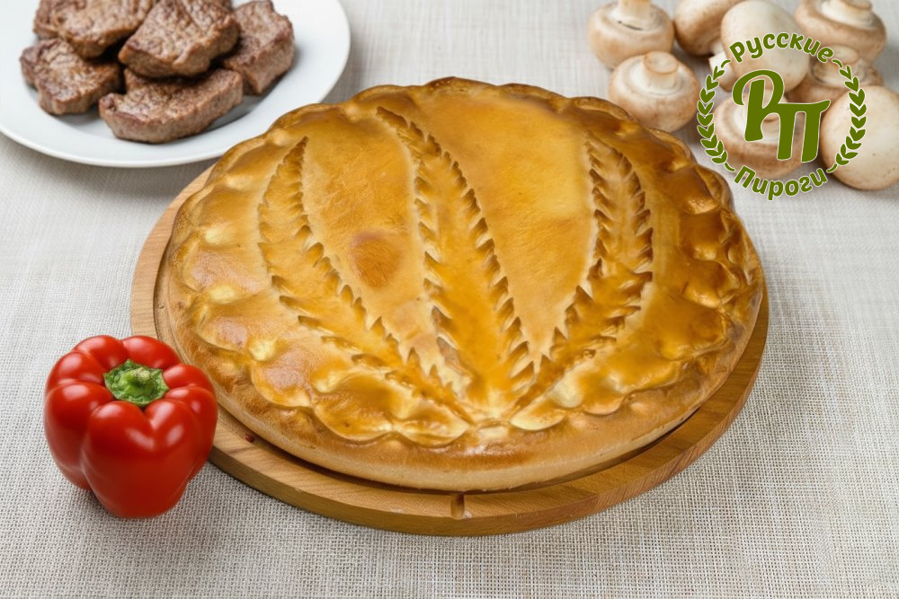 Сдобный пирог с телятиной, грибами и болгарским перцем