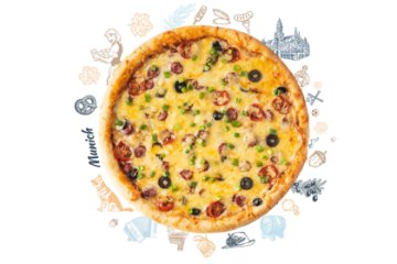 Мюнхенская пицца с колбасками, зеленым лучком и оливками